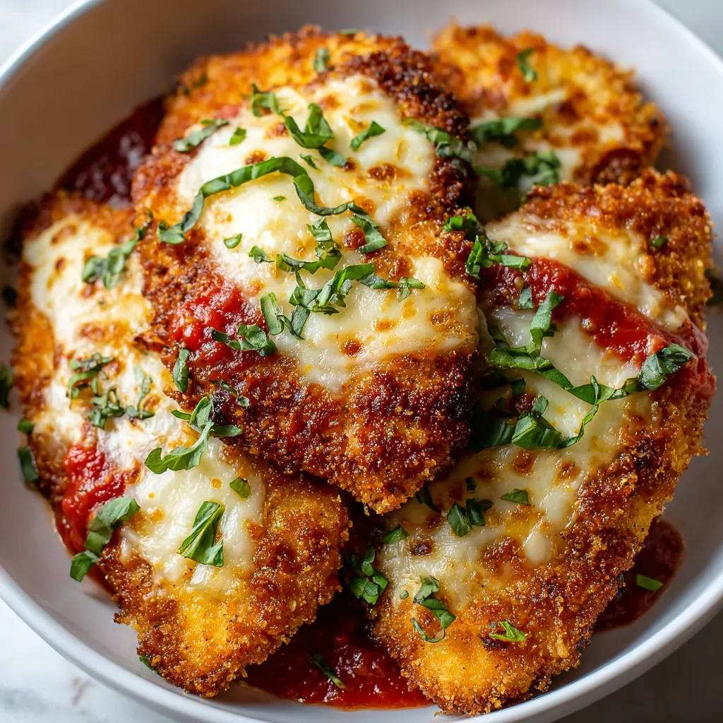 A bowl of cheesy crispy chicken parmesan.