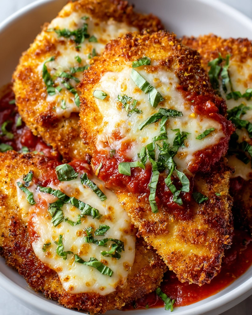 A plate of cheesy crispy chicken parmesan.