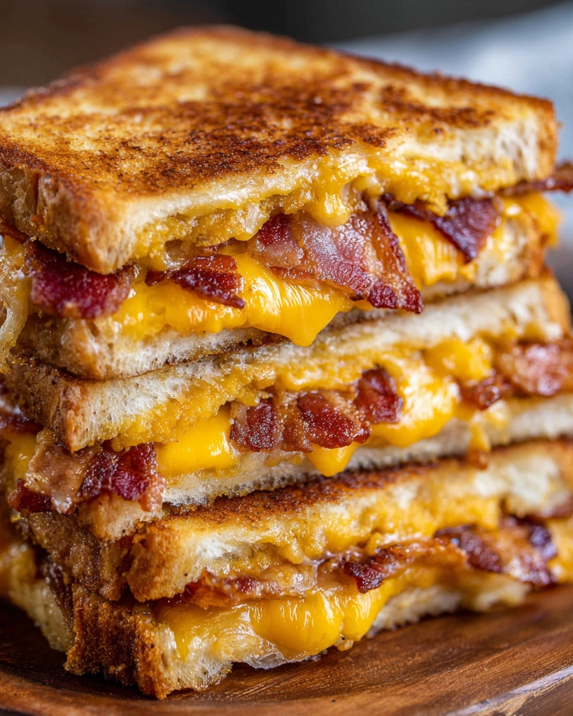 A stack of grilled cheese sandwiches with bacon.