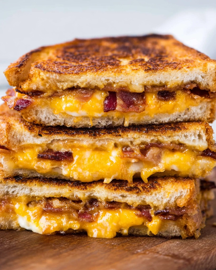 Bacon grilled cheese sandwiches stacked on top of each other.