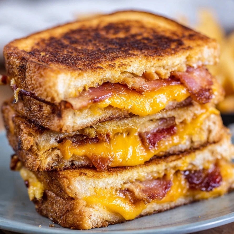 A stack of grilled cheese sandwiches with bacon.