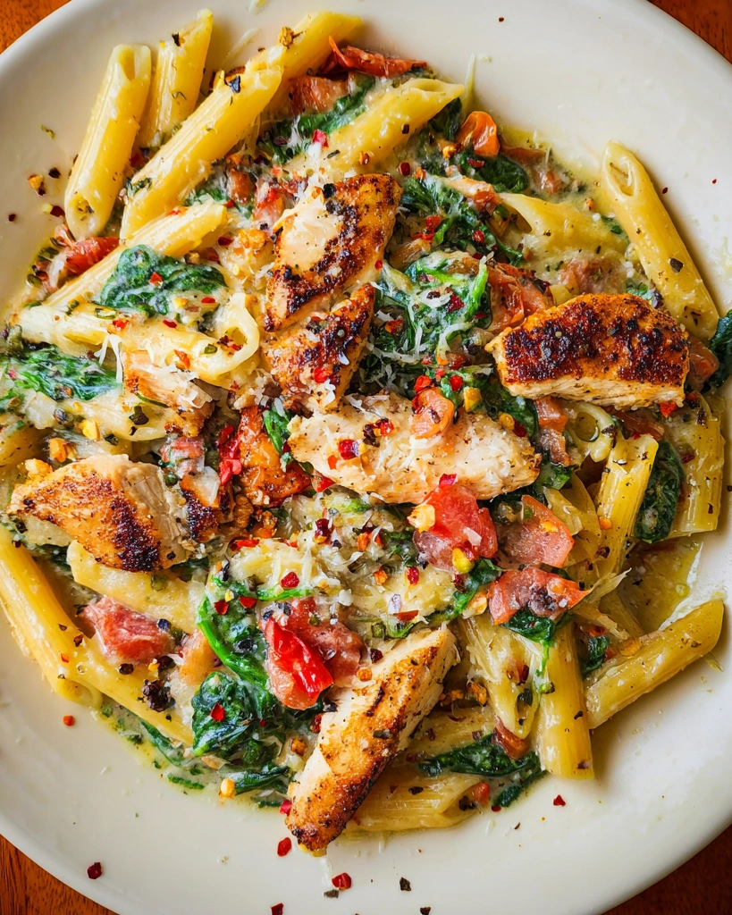 A plate of chicken and bacon pasta with spinach and tomatoes in garlic cream.
