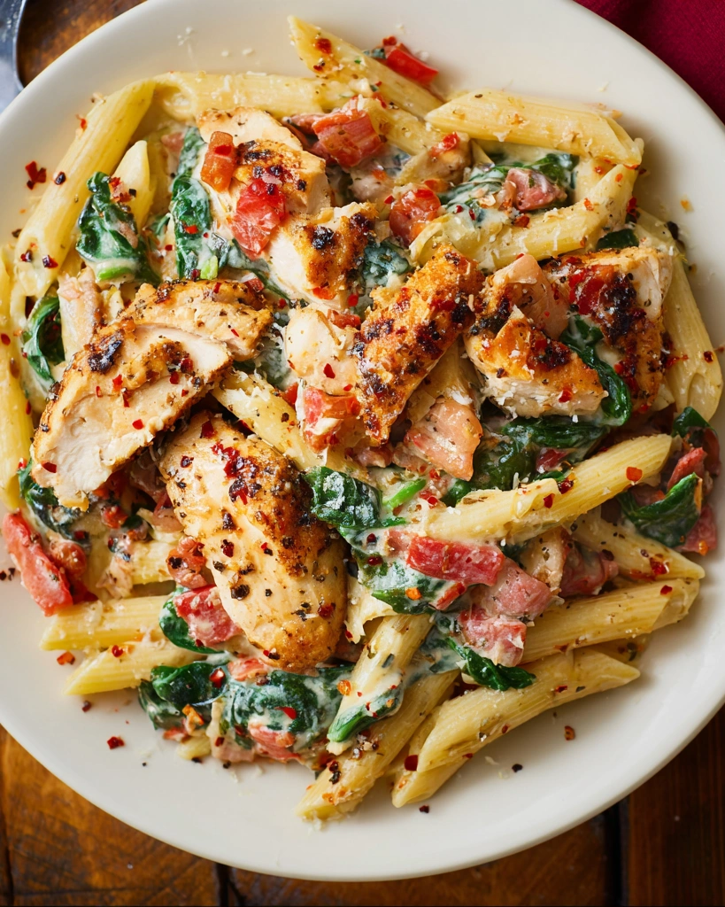 A plate of chicken and bacon pasta with spinach and tomatoes in garlic cream.
