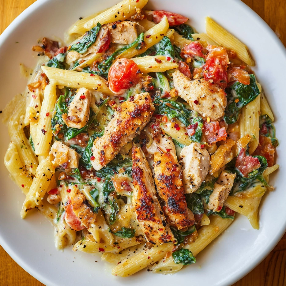 A plate of chicken and bacon pasta with spinach and tomatoes in garlic cream.