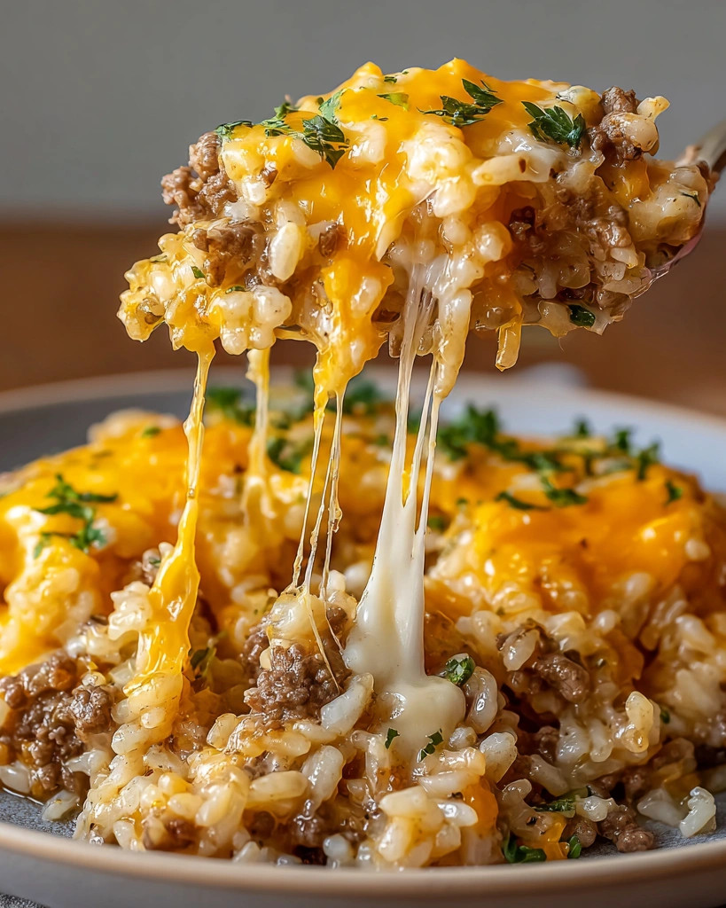 A close up of a cheesy ground beef rice casserole.