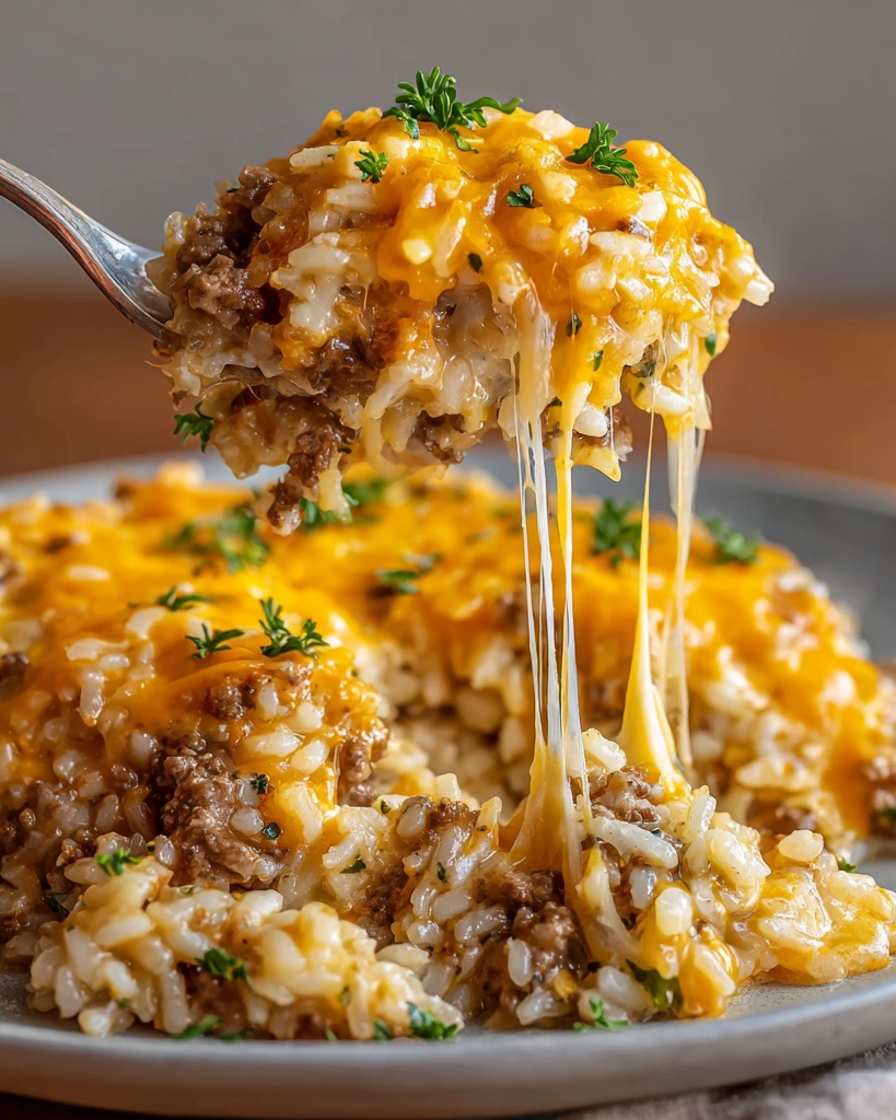 A plate of cheesy ground beef rice casserole.