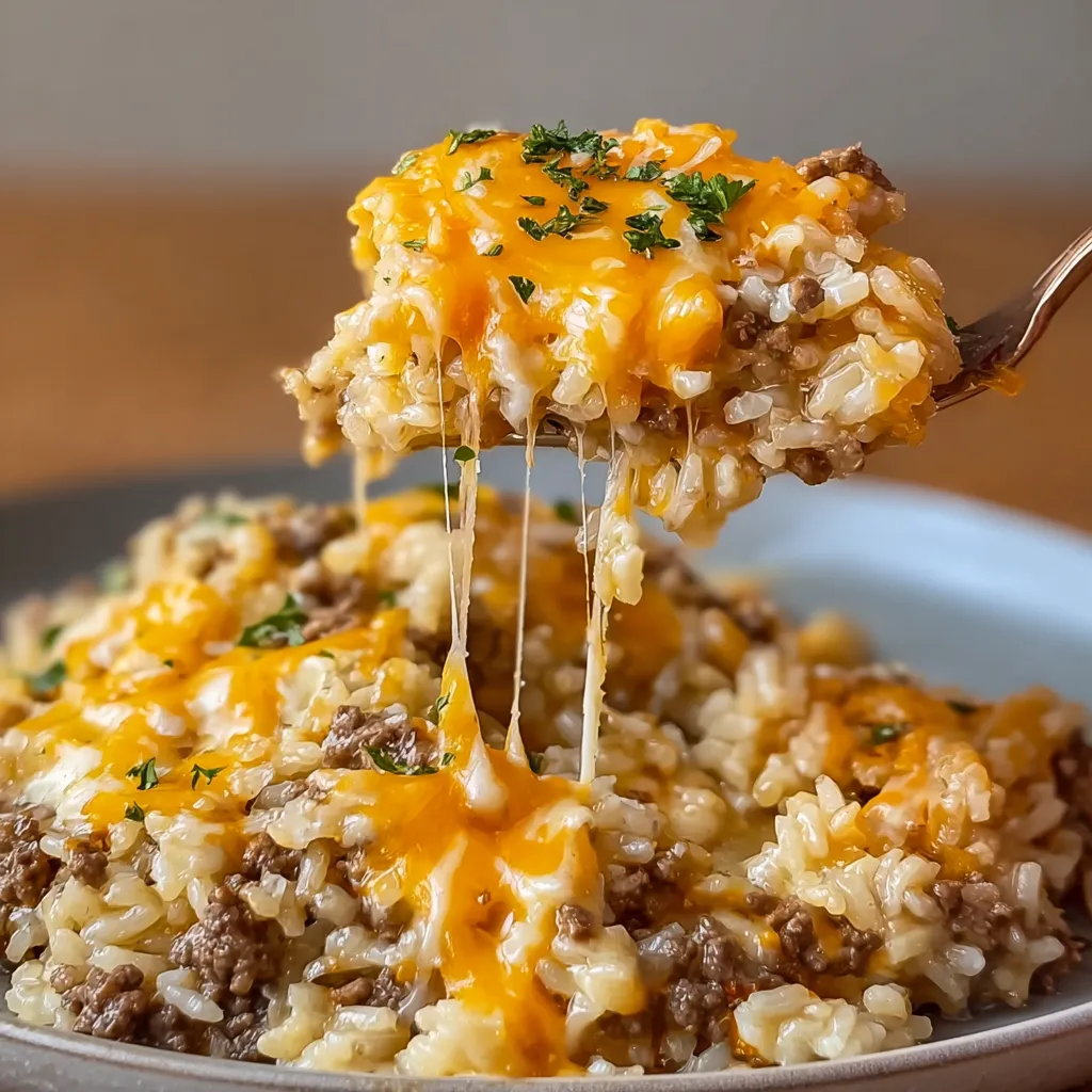 A plate of cheesy ground beef rice casserole.