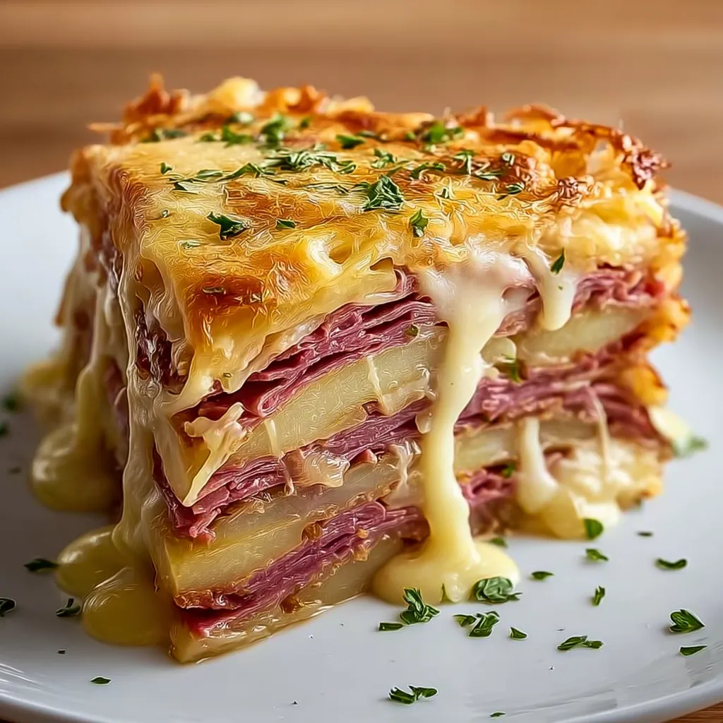 A layered Reuben casserole on a white plate.