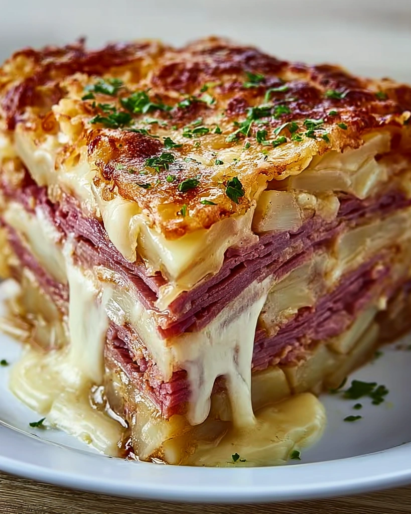 A layered Reuben Casserole on a plate.