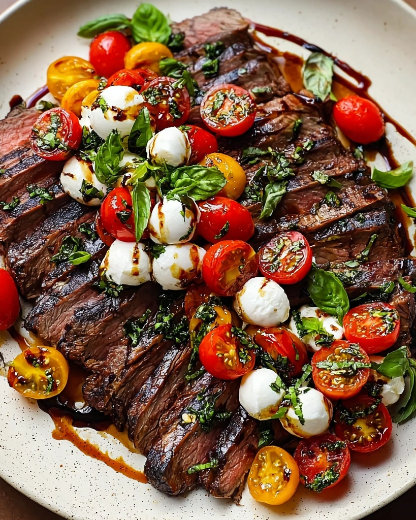 A grilled flank steak with tomatoes and cheese.