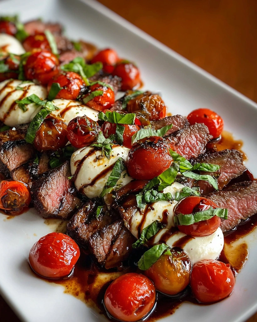 A plate of grilled flank steak with tomatoes and cheese.