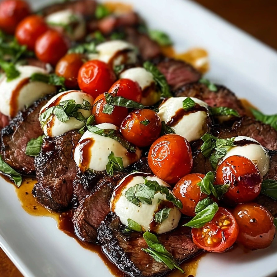 A plate of grilled flank steak with tomatoes and cheese.