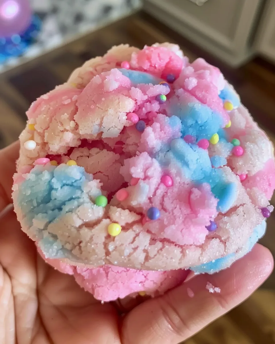 A hand holding a cotton candy cookie.