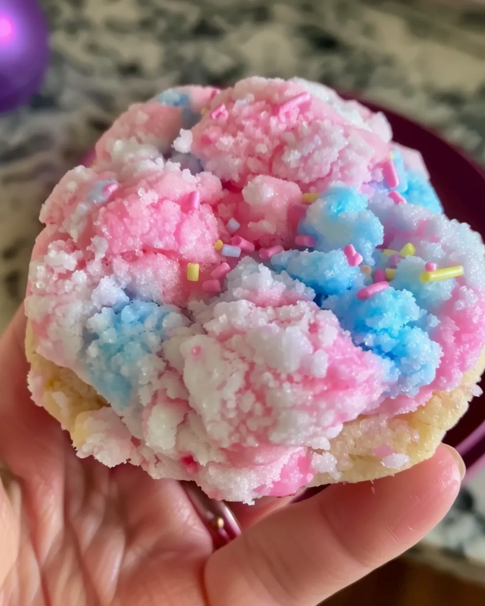 A person is holding a cotton candy cookie.