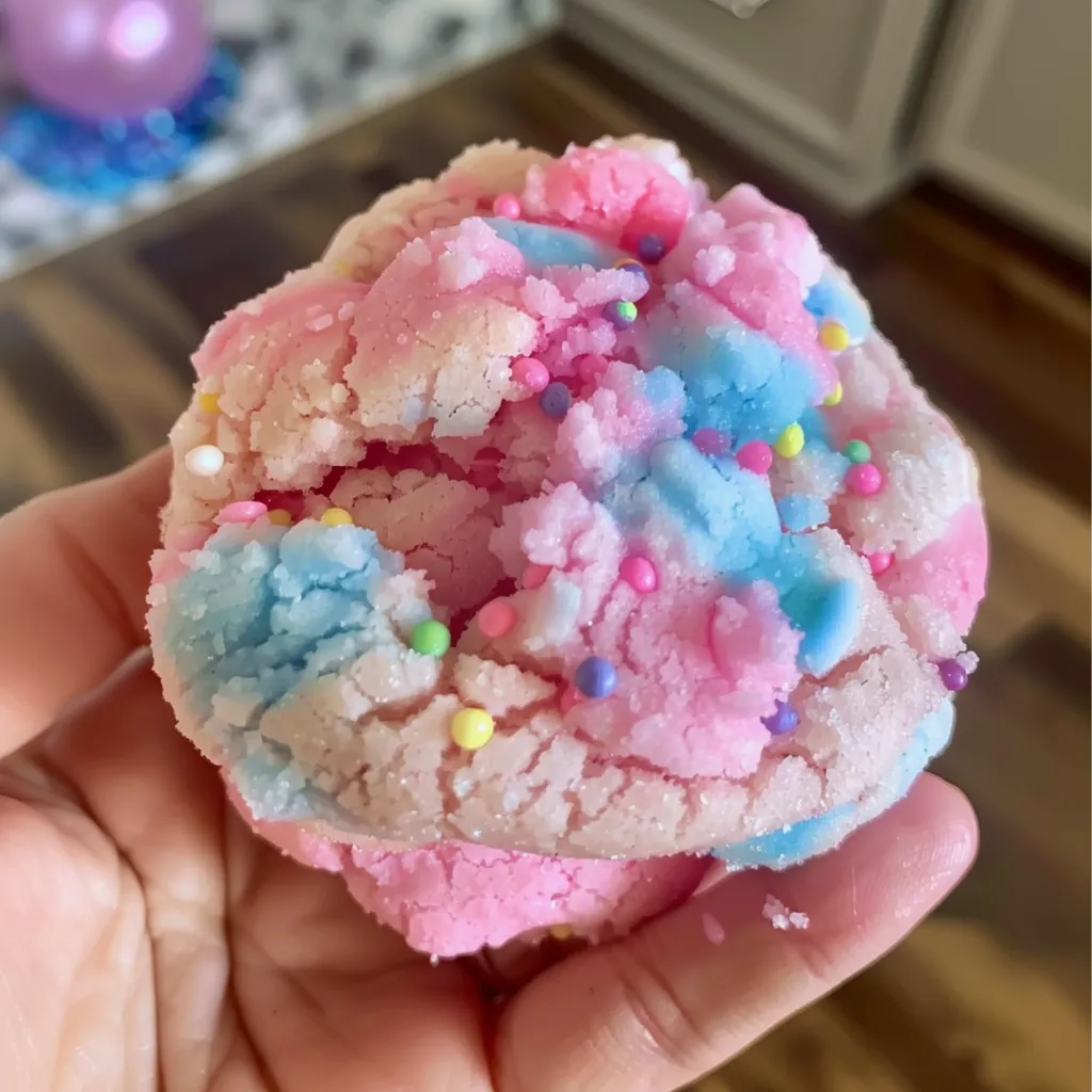 A person is holding a cotton candy cookie.