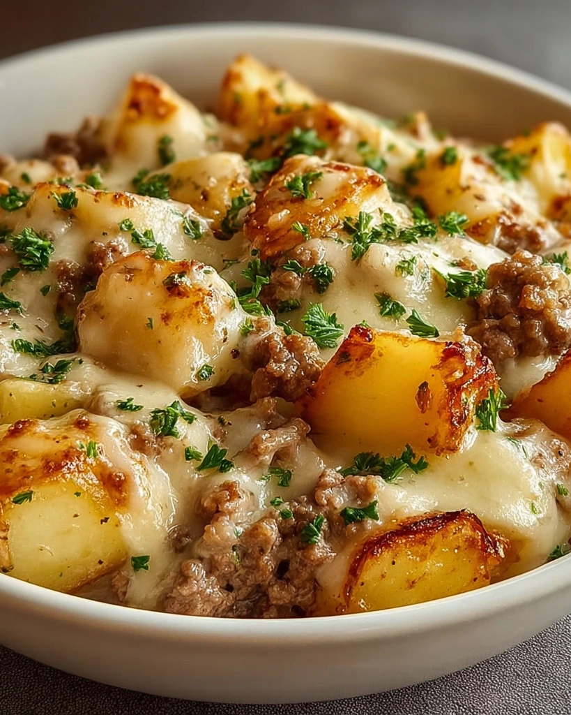 A white bowl filled with a creamy meat and potato skillet.