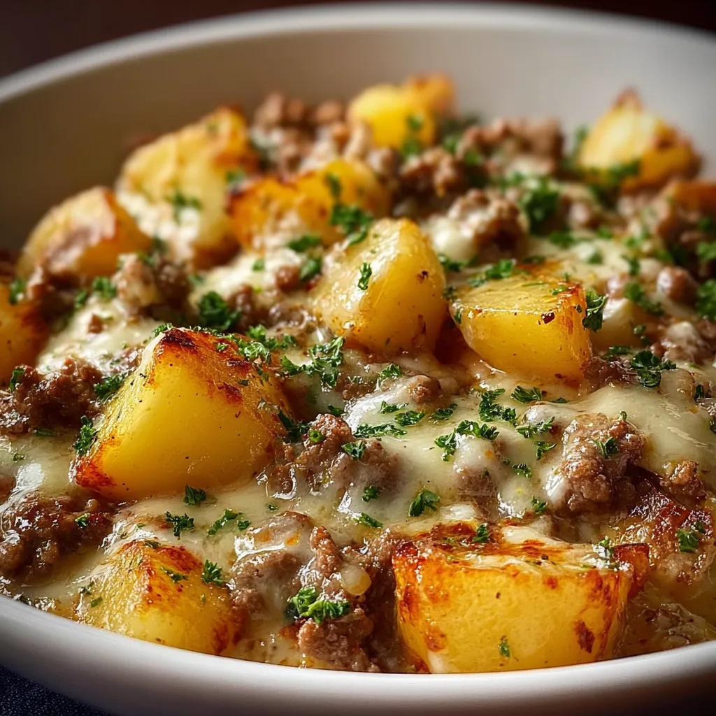 A white bowl filled with meat and potatoes.