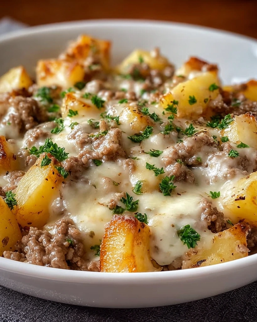 A white bowl filled with meat and potatoes.