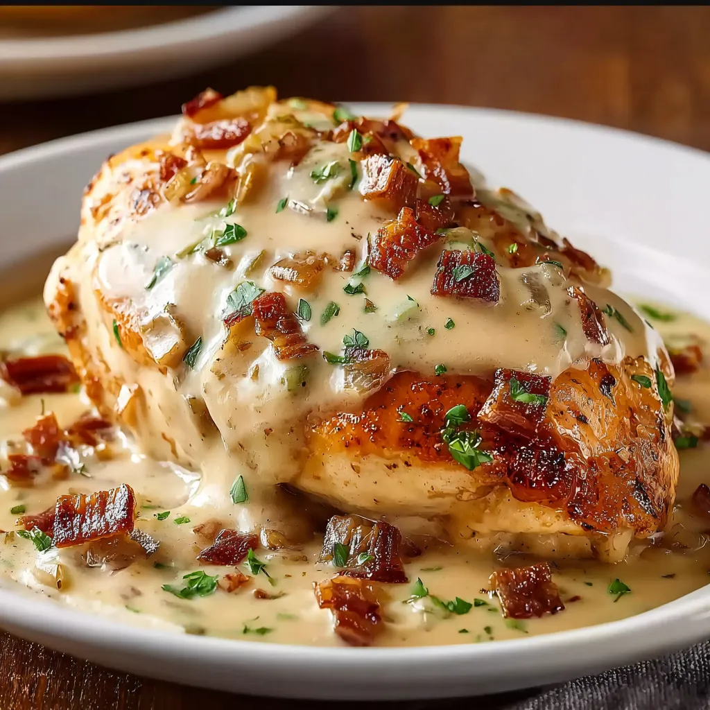 A plate of smothered chicken with bacon on top.