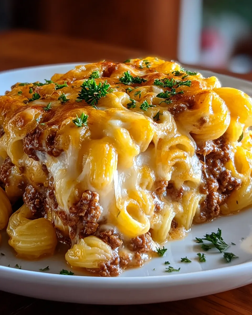 A plate of meatloaf and cheddar shells casserole.