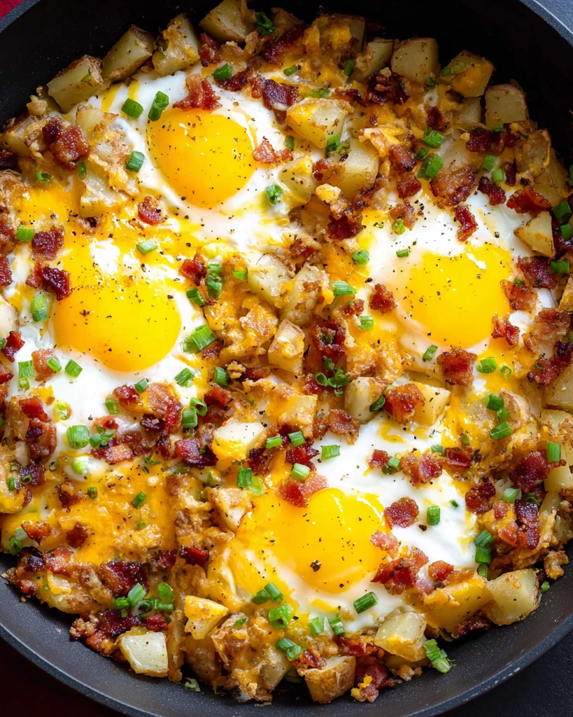 A skillet with bacon, eggs, and potatoes.