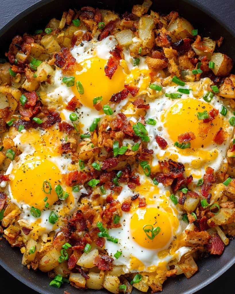 A skillet with bacon, egg, and potato breakfast.