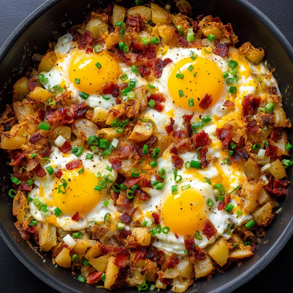 A skillet with bacon, eggs, and potatoes.