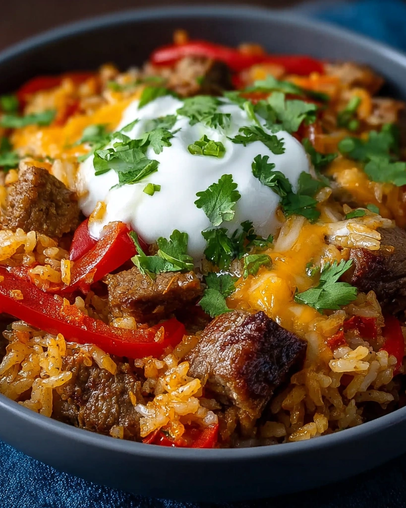 A bowl of beef and rice with a dollop of sour cream on top.