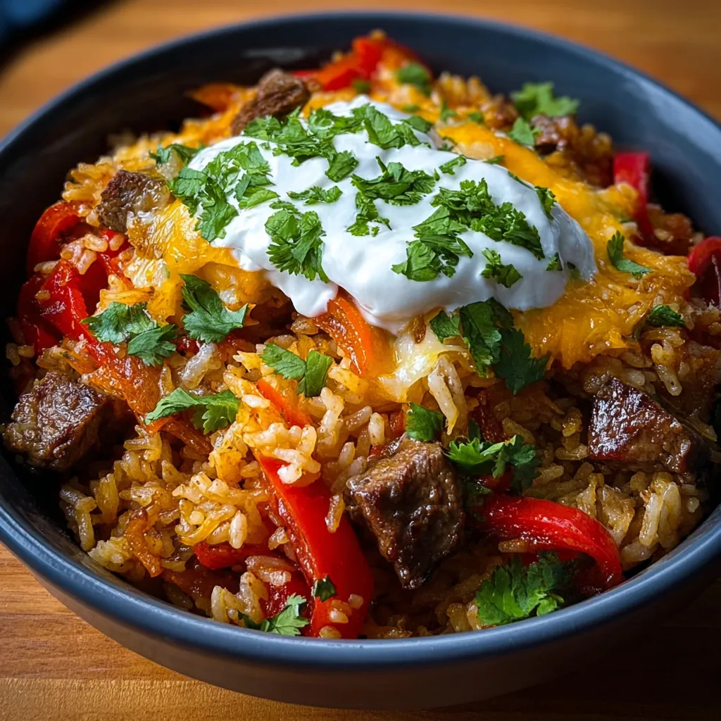 A bowl of beef and rice with white cheese on top.