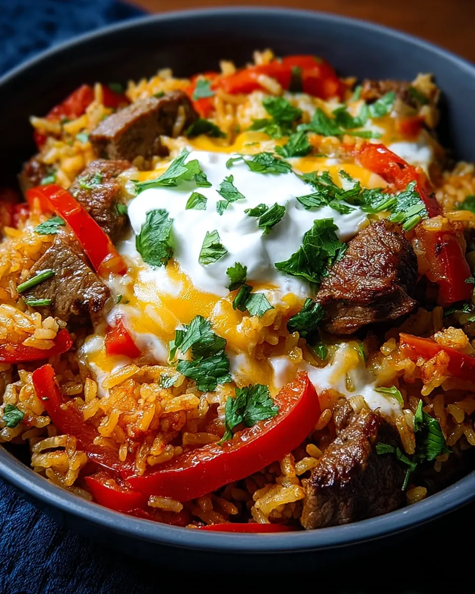 A bowl of beef and rice with cheese on top.
