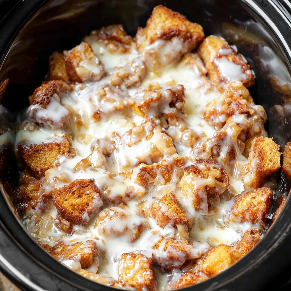 A close up of a crock pot filled with cinnamon rolls and apples.