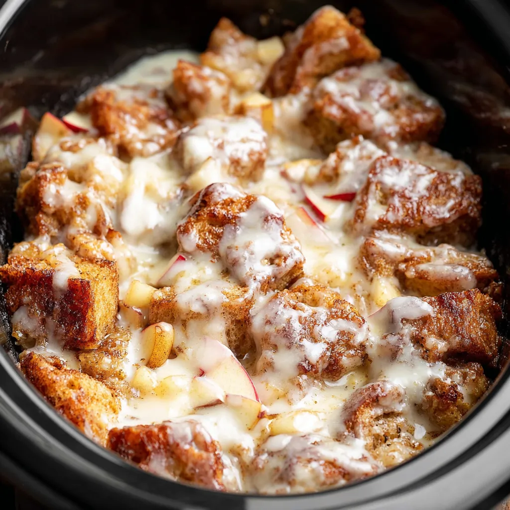 A crock pot filled with cinnamon rolls and apples.
