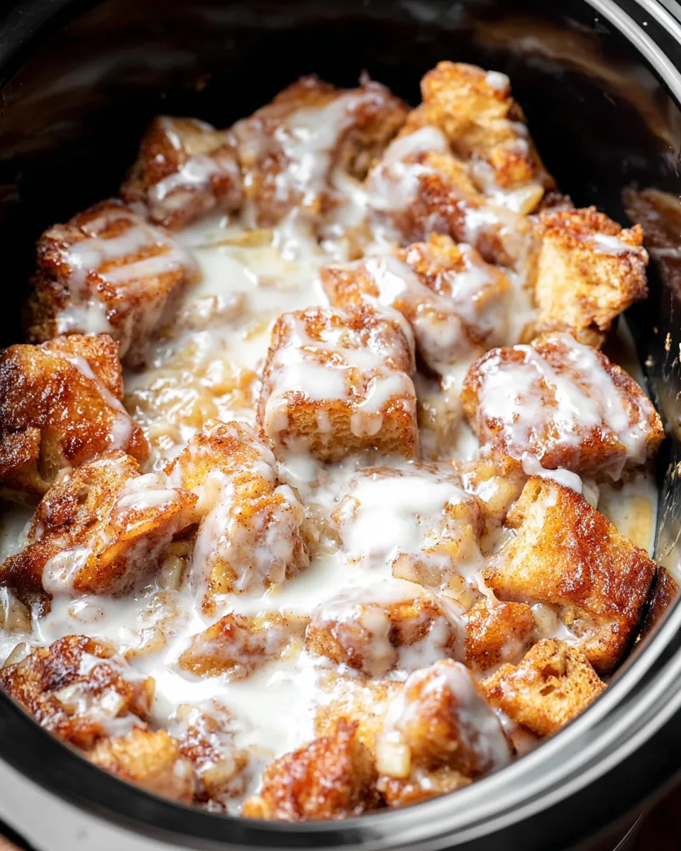 A close up of a crock pot filled with cinnamon rolls and apples.