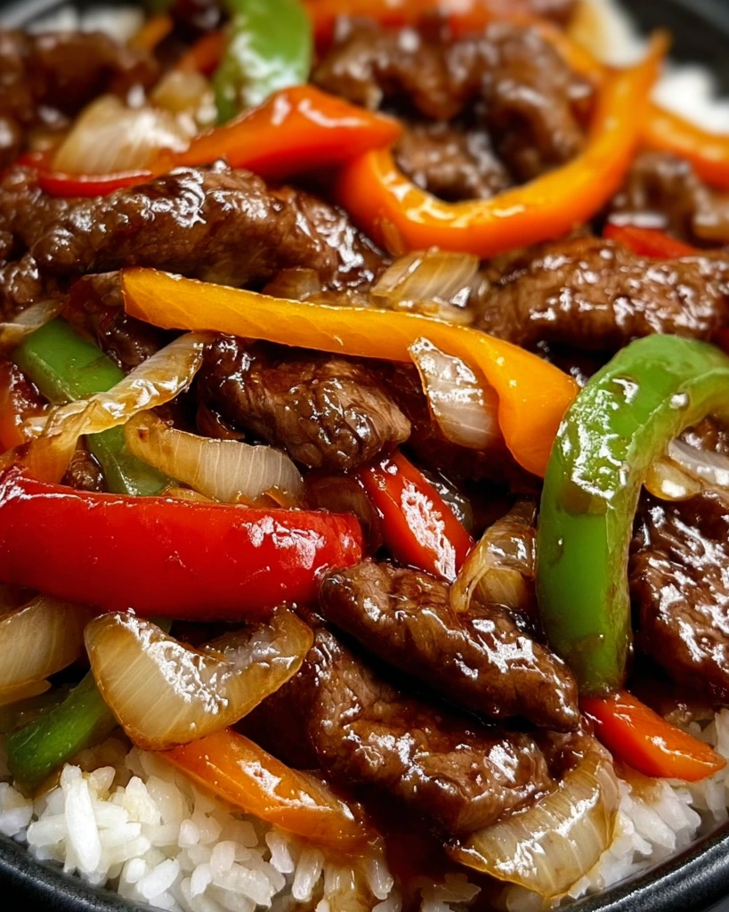 A close up of a delicious Chinese Pepper Steak with Onions & Peppers.