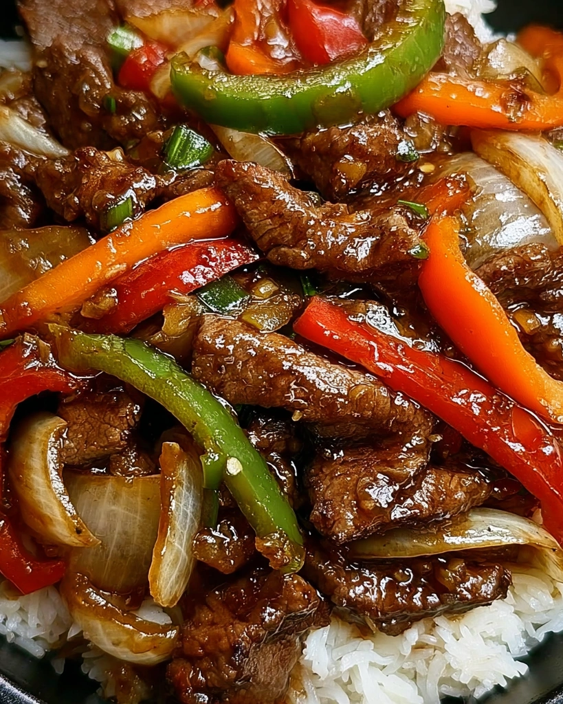 A plate of Chinese pepper steak with onions and peppers.