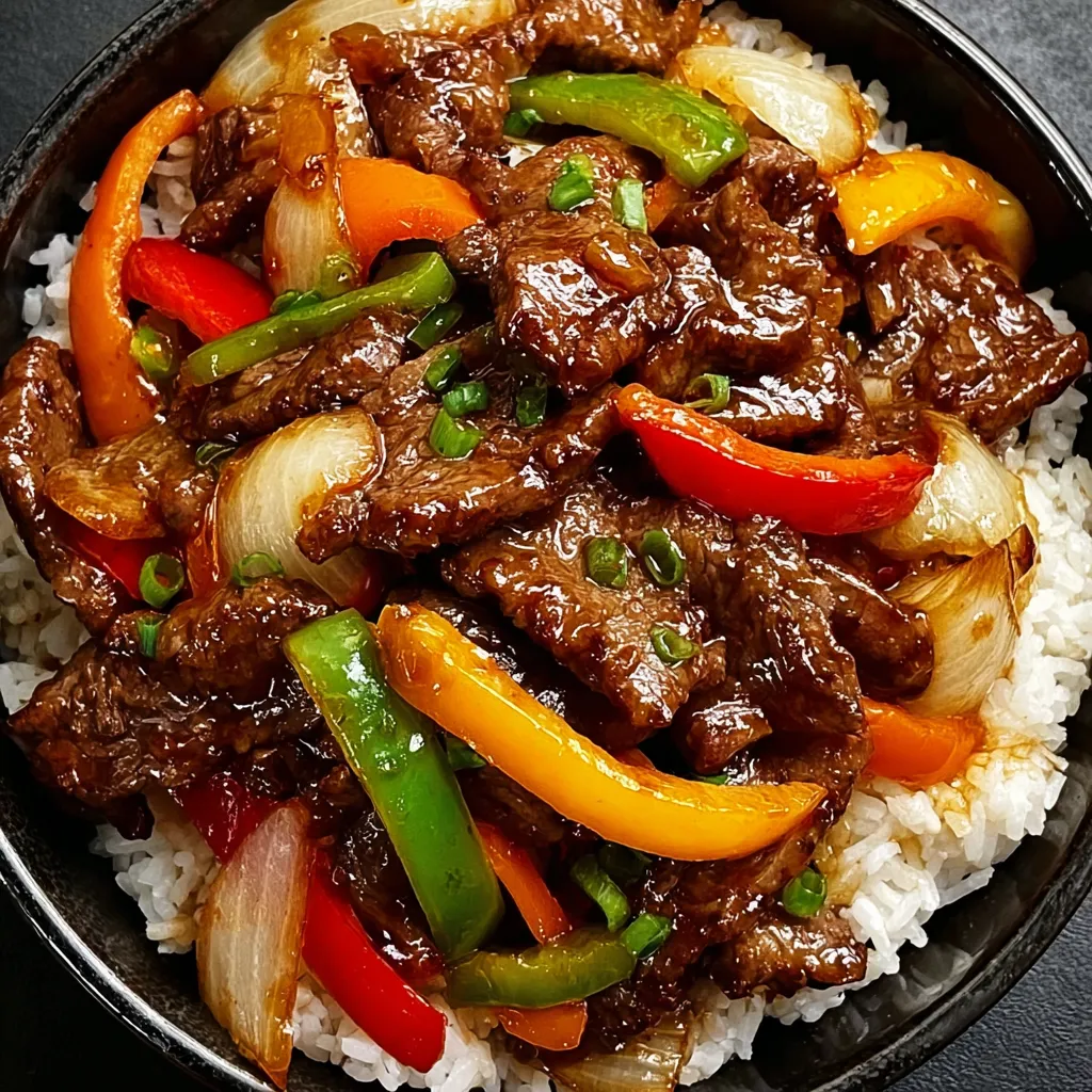 A bowl of Chinese pepper steak with onions and peppers.