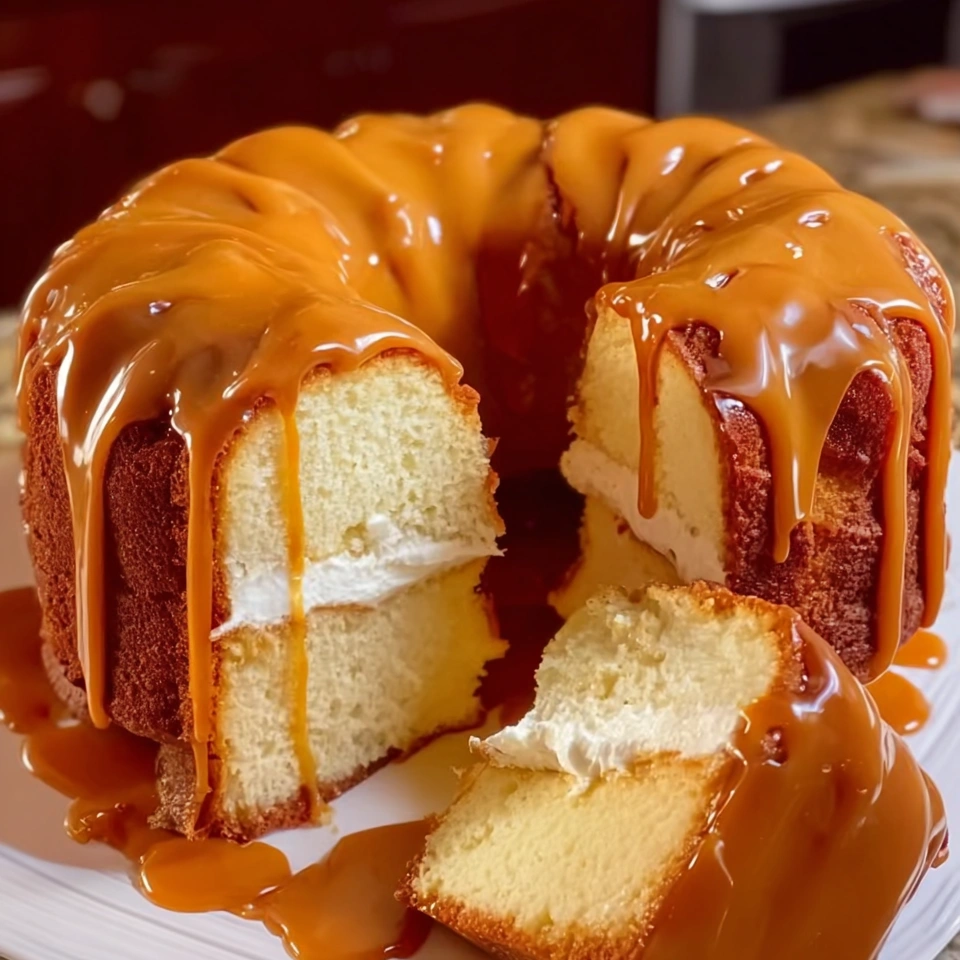 A slice of caramel cream cheese pound cake.