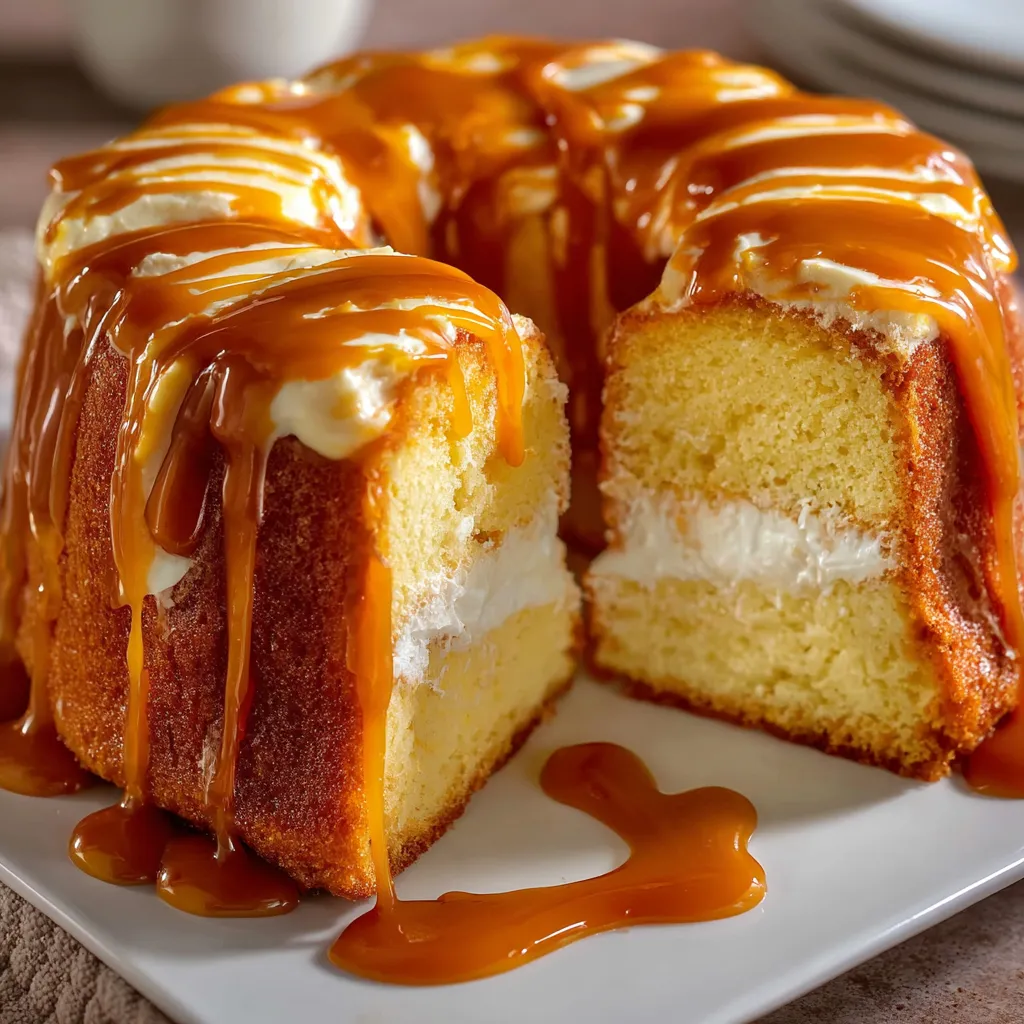 A slice of caramel cream cheese pound cake.
