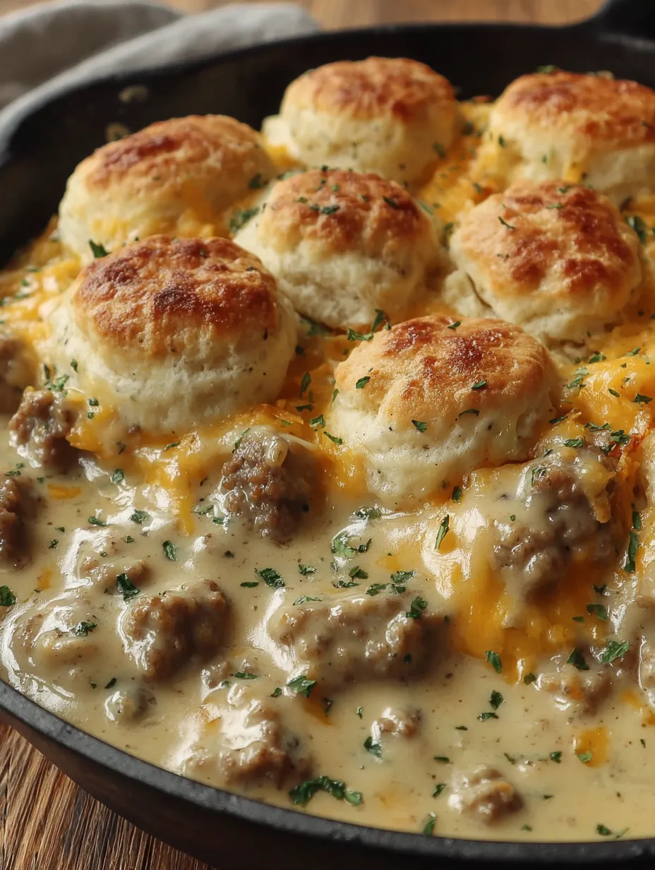 A delicious looking meal of biscuits, gravy, and hash browns.