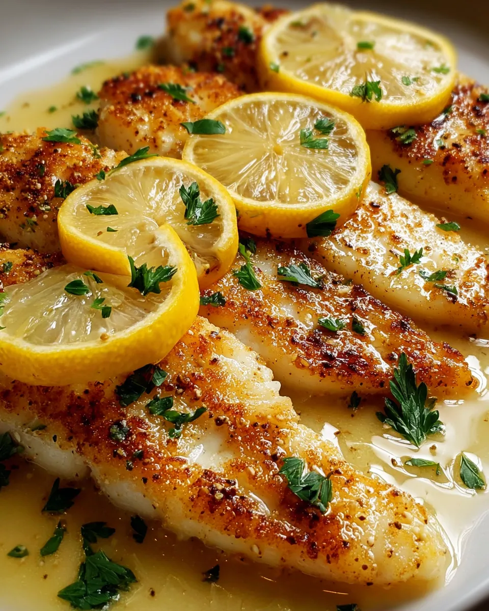 A plate of fish with lemon slices on top.