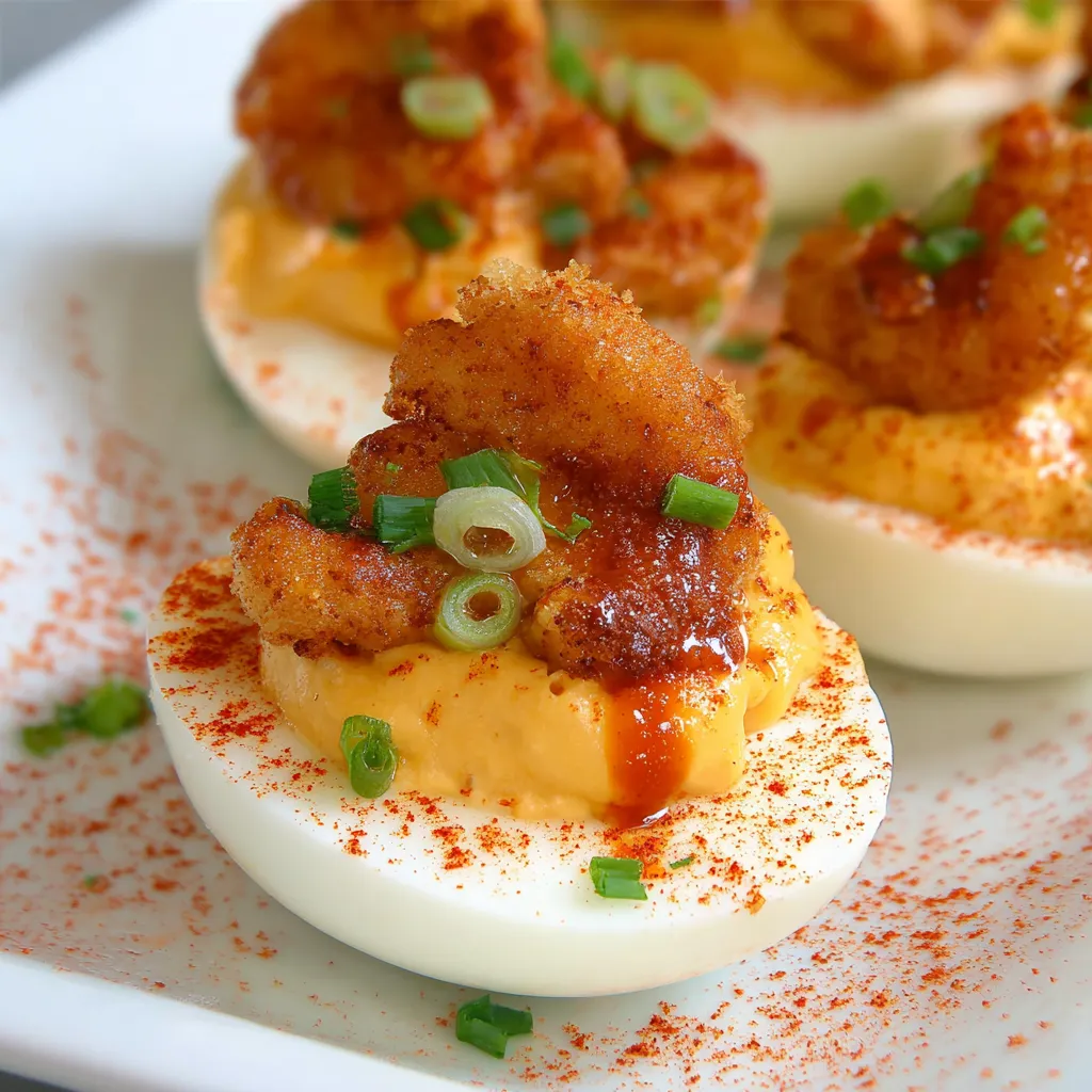 Shrimp deviled eggs with a spicy sauce.
