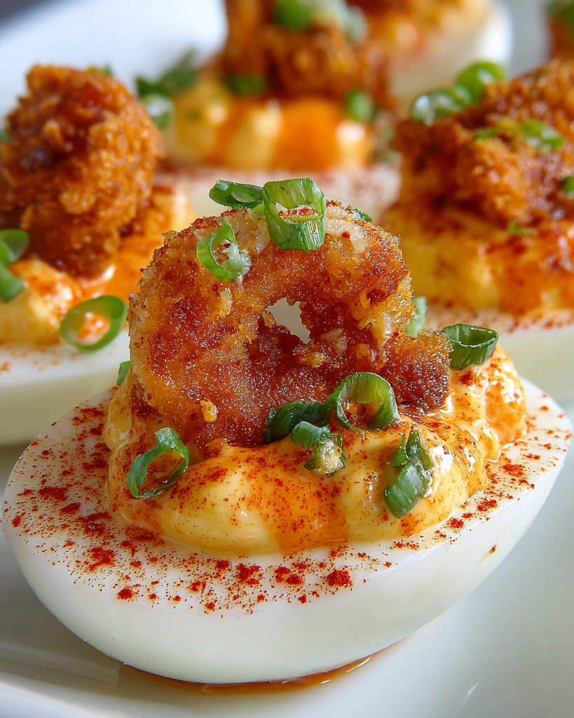 A plate of Cajun Firecrackers Shrimp Deviled Eggs.