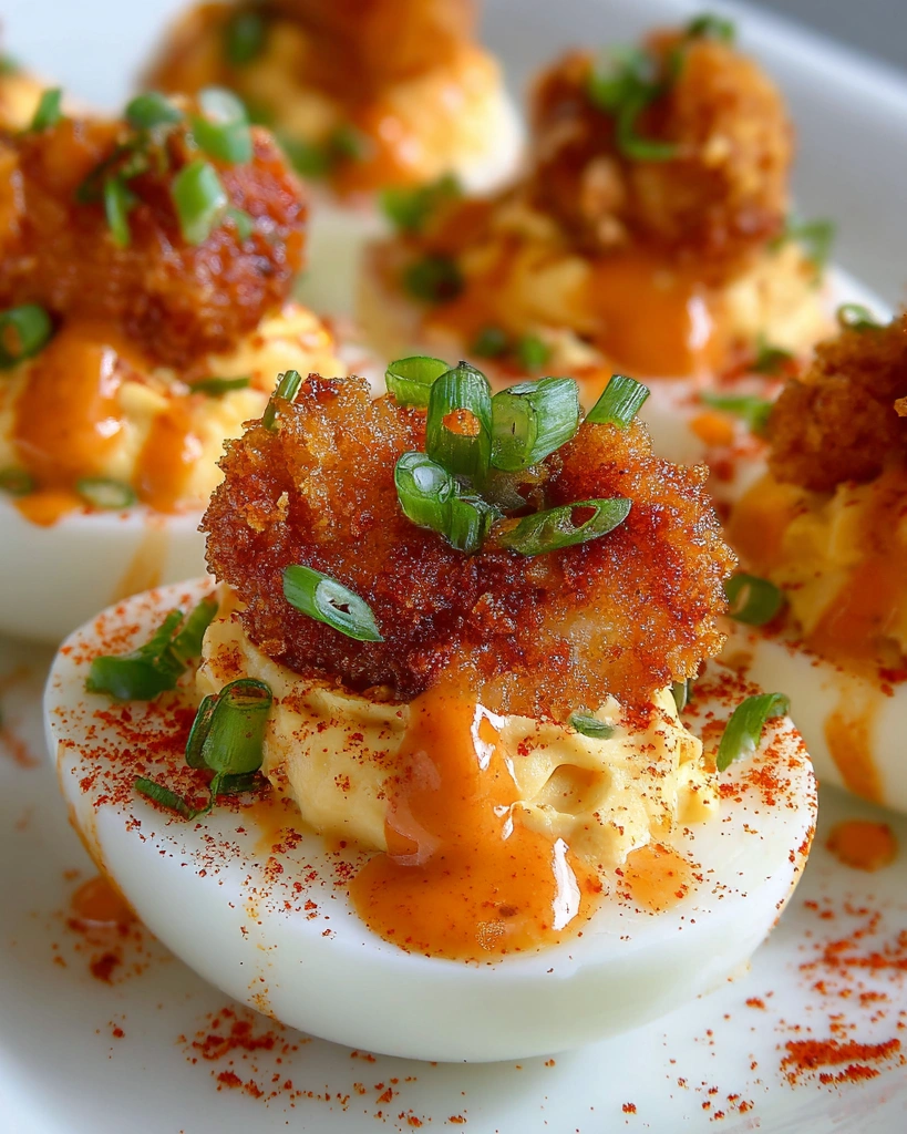 A plate of deviled eggs with a spicy sauce.