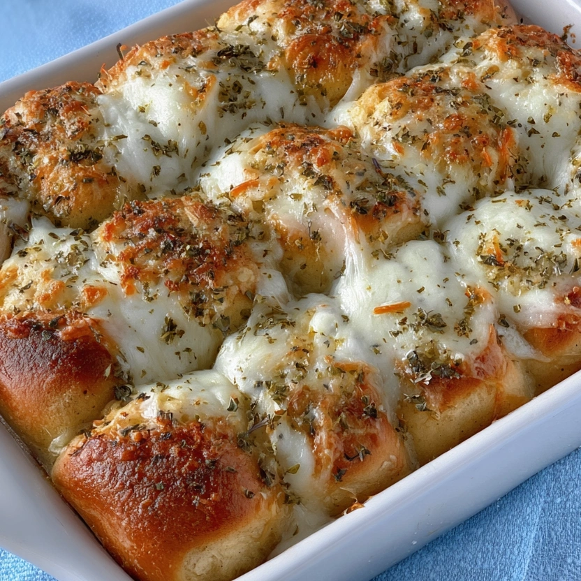 A white dish filled with cheesy Hawaiian garlic rolls.
