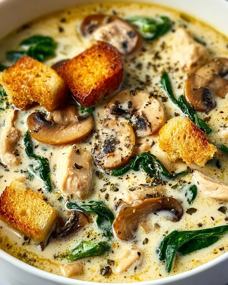 A bowl of creamy rotisserie chicken mushroom soup.