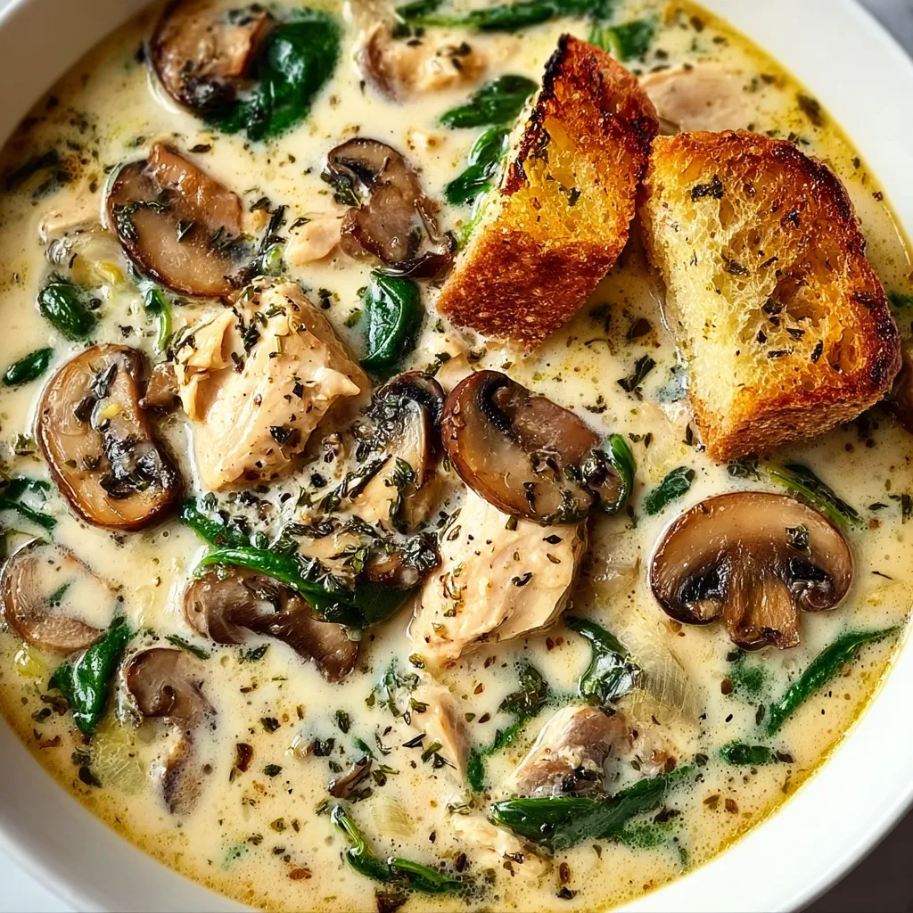 A bowl of soup with mushrooms and bread.