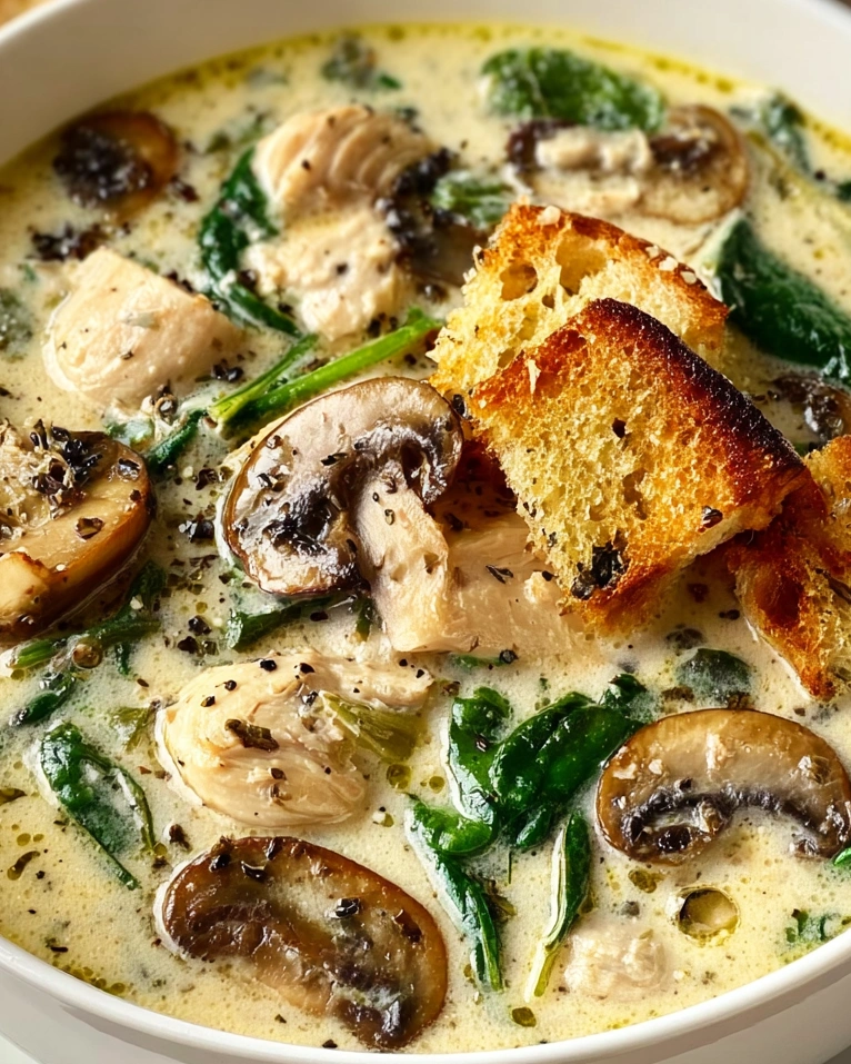 A bowl of creamy rotisserie chicken mushroom soup.