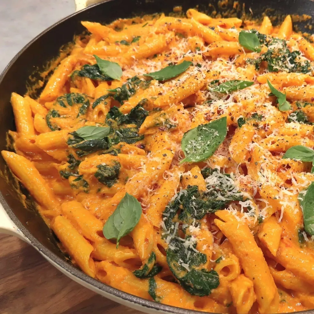 A delicious one pot creamy spinach tomato pasta.