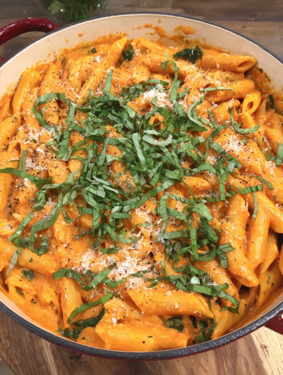 A close up of a one pot creamy spinach tomato pasta.