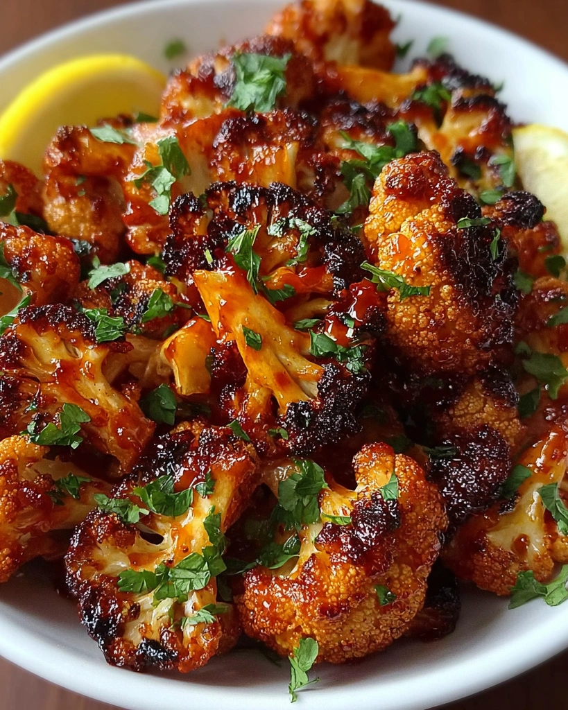 A bowl of cauliflower with a lemon wedge on top.